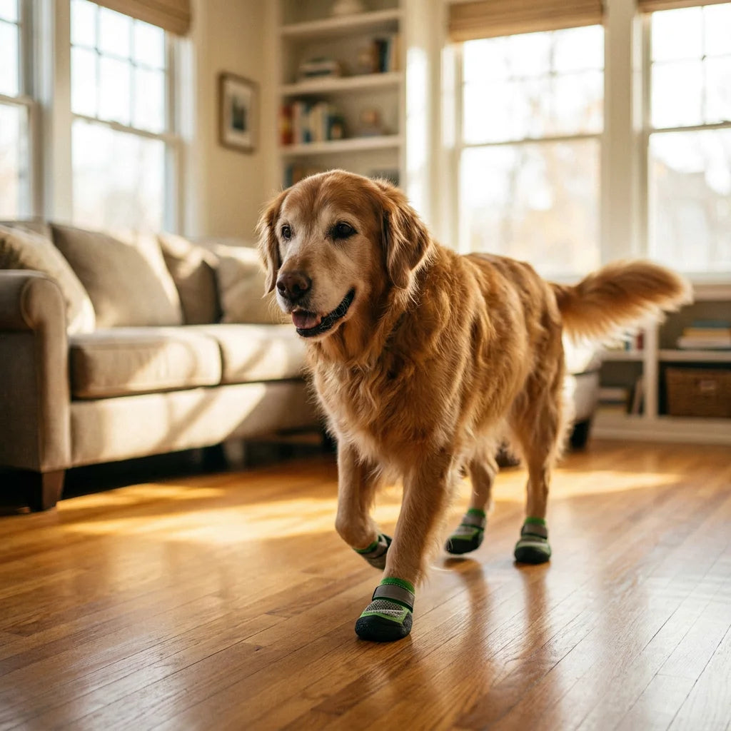 Senior dog walking confidently in living room with anti-slip socks